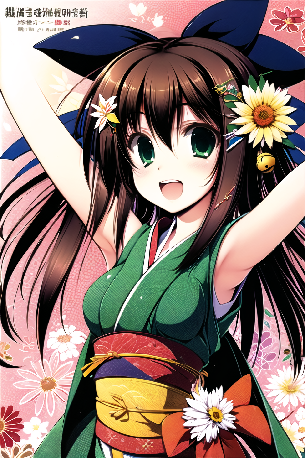 02712-411719175-1girl, solo, yagasuri, green eyes, brown hair, japanese clothes, hair ornament, flower, bow, hair bow, open mouth, smile, hair f.png